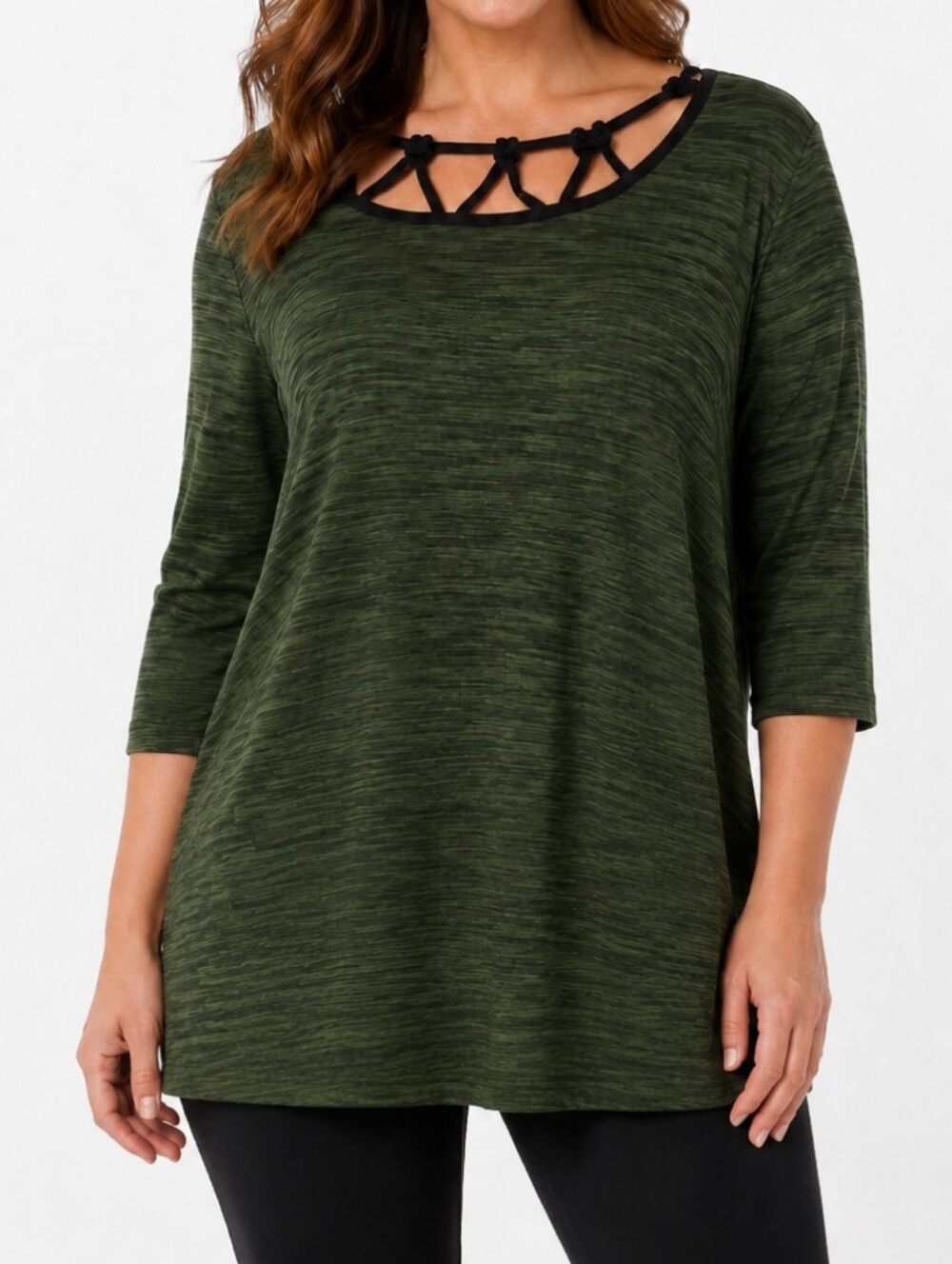 Suzie in the City 2X Green Cage Neck 3/4 Sleeve Tunic Top Plus Size